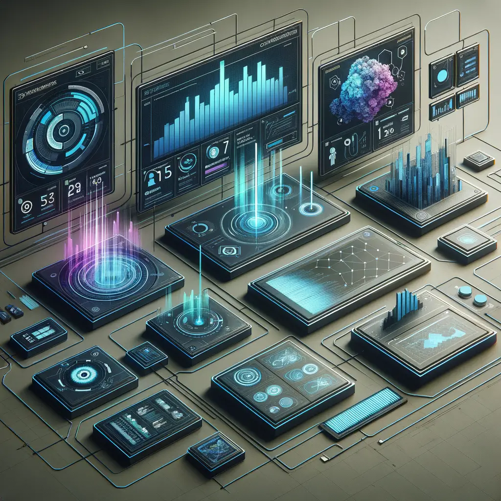 Dashboard tecnológico minimalista com gráficos e alertas sutis mostrando integração entre sistemas N8N e Supabase, com linhas de conexão em tons azuis e ciano sobre fundo grafite e iluminação suave.