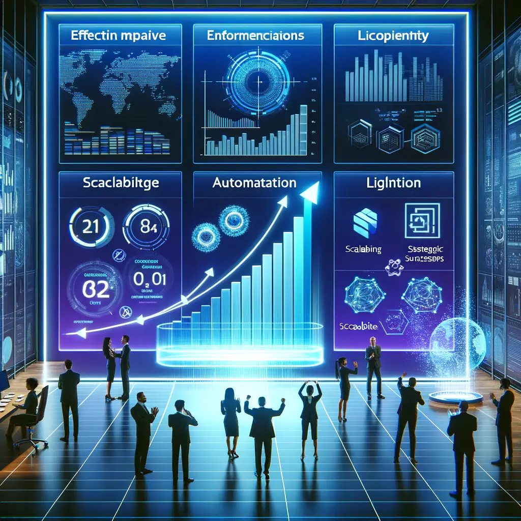 Ambiente empresarial moderno com painel digital exibindo crescimento e eficiência graças à integração de Low-Code e IA, profissionais comemorando resultados e holograma mostrando marcos estratégicos, simbolizando ganhos práticos e visão futura.