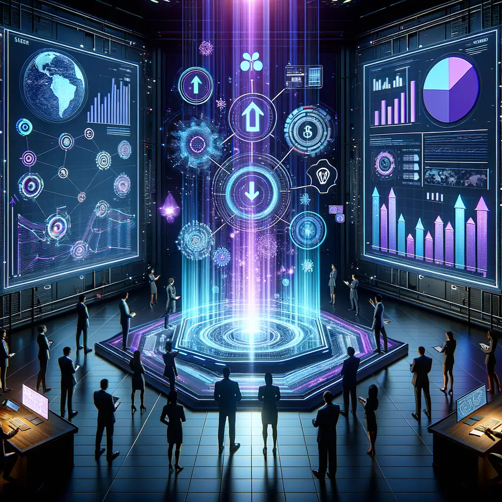 Equipe corporativa analisando projeções holográficas de crescimento, eficiência e escalabilidade em ambiente tecnológico, simbolizando os benefícios da digitalização empresarial.