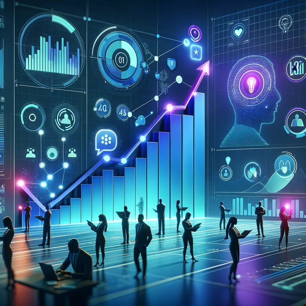 Equipe colaborando com agentes inteligentes adaptativos e gráficos de desempenho em ambiente digital, ilustrando ganhos de eficiência e melhoria contínua na automação.