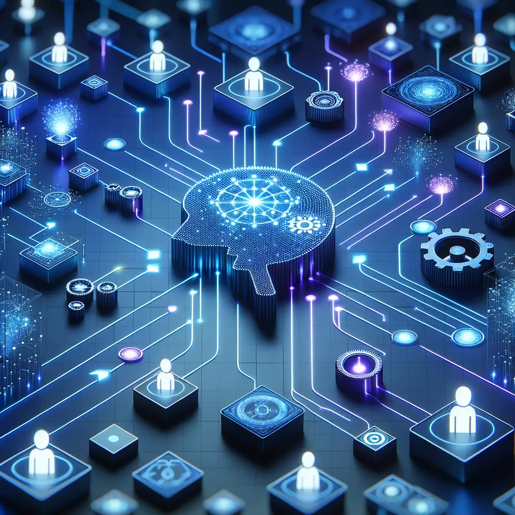 Fluxo digital de automação otimizado por inteligência artificial com nós conectados por luz azul e roxa, incluindo ícones abstratos de equipes e engrenagens em ambiente moderno e minimalista.