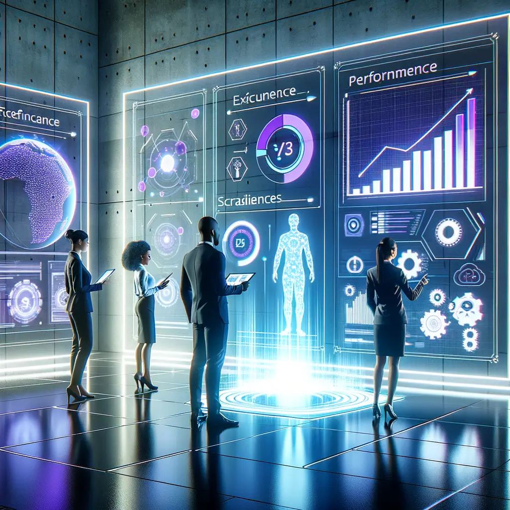 Equipe profissional utilizando interfaces digitais avançadas para monitorar e otimizar agentes inteligentes, ilustrando a melhoria da eficiência e confiabilidade da automação empresarial com suporte humano.