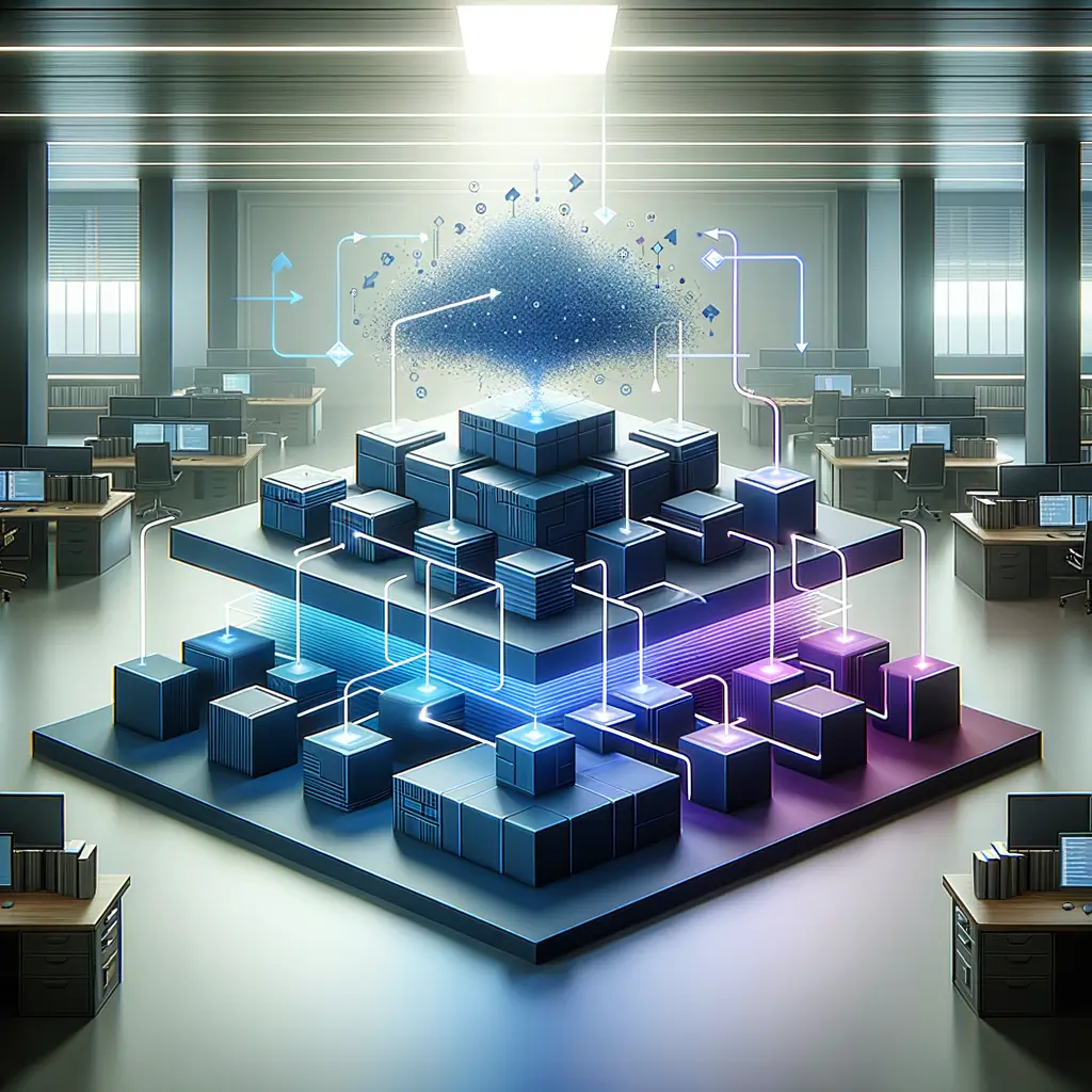 Diagrama visual explicando a integração entre sistemas legados, plataformas low-code e automações personalizadas em um fluxo organizado, destacando o papel de cada camada na transformação digital empresarial.