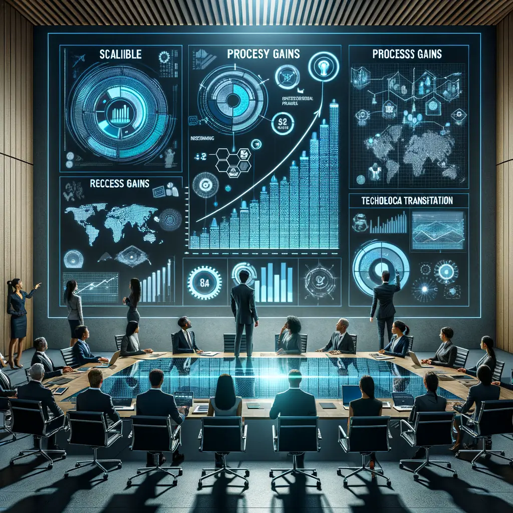 Profissionais em uma sala de reuniões interagem com uma tela holográfica que mostra gráficos e mapas de processos, simbolizando ganhos de eficiência e escalabilidade na transformação digital com low-code e automações personalizadas.