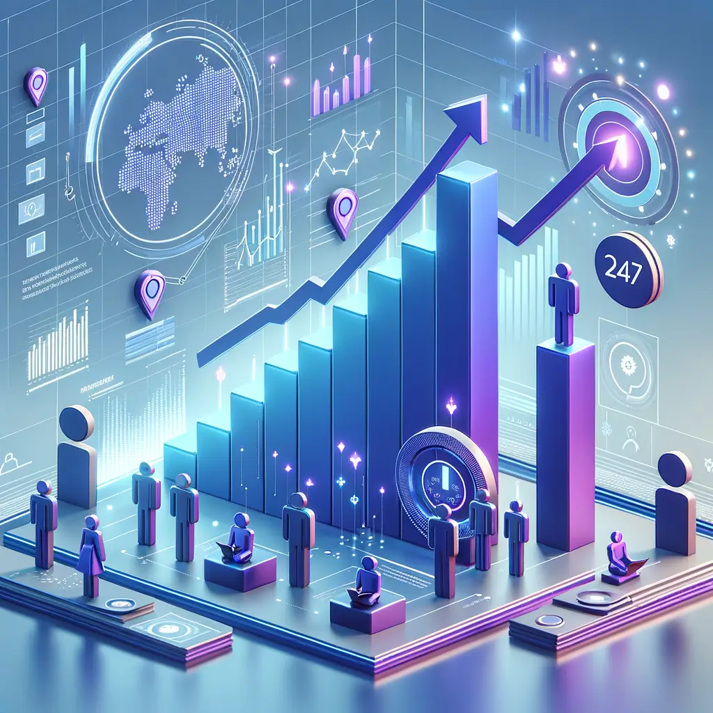 Ilustração mostrando os benefícios práticos do agente inteligente modular em fintechs, com gráficos de desempenho ascendentes e interação humana digital, destacando ganhos de eficiência e experiência do cliente aprimorada.