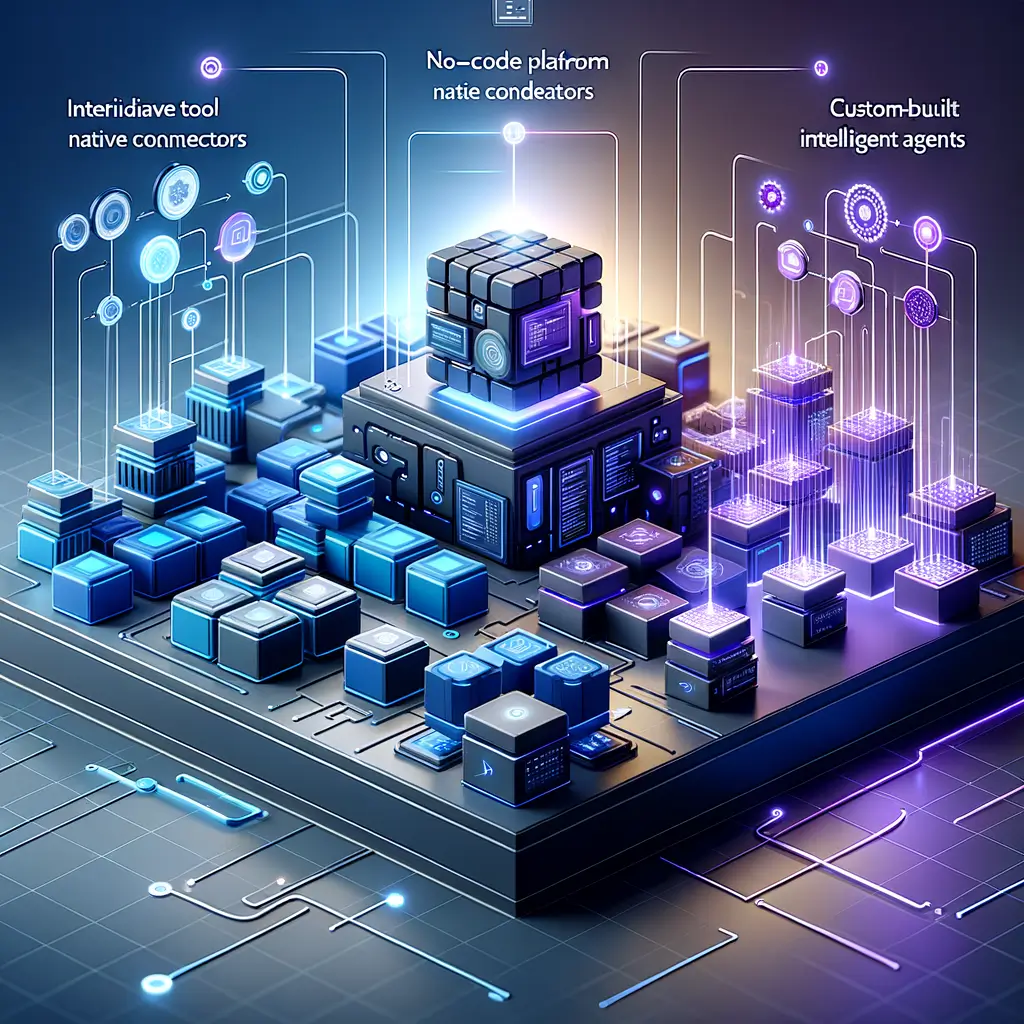 Diagrama mostrando o fluxo de integração entre plataformas no-code com conectores nativos, ferramenta intermediária para orquestração e agentes inteligentes personalizados, evidenciando a passagem contínua de dados e decisões automatizadas em um processo eficiente e controlado.