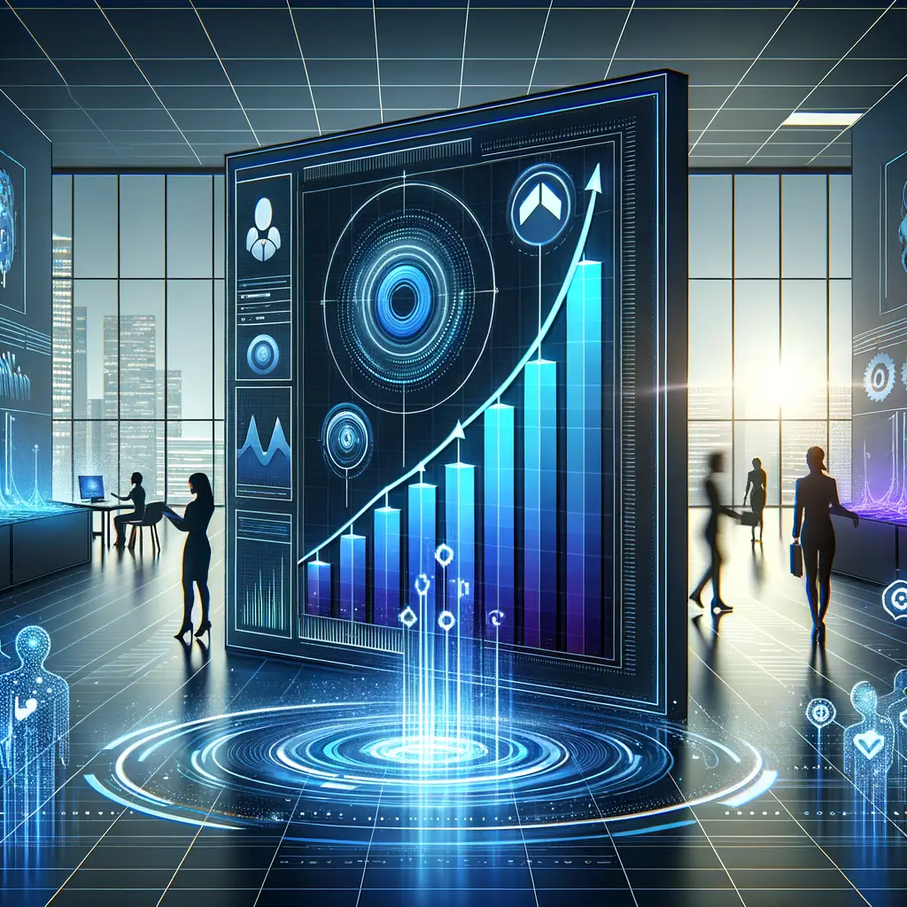 Cena mostrando um painel holográfico com gráficos ascendentes e indicadores de eficiência em tons tecnológicos, enquanto profissionais interagem com dispositivos digitais, ilustrando o impacto prático, ganho de eficiência e escalabilidade da automação inteligente em ambientes corporativos.