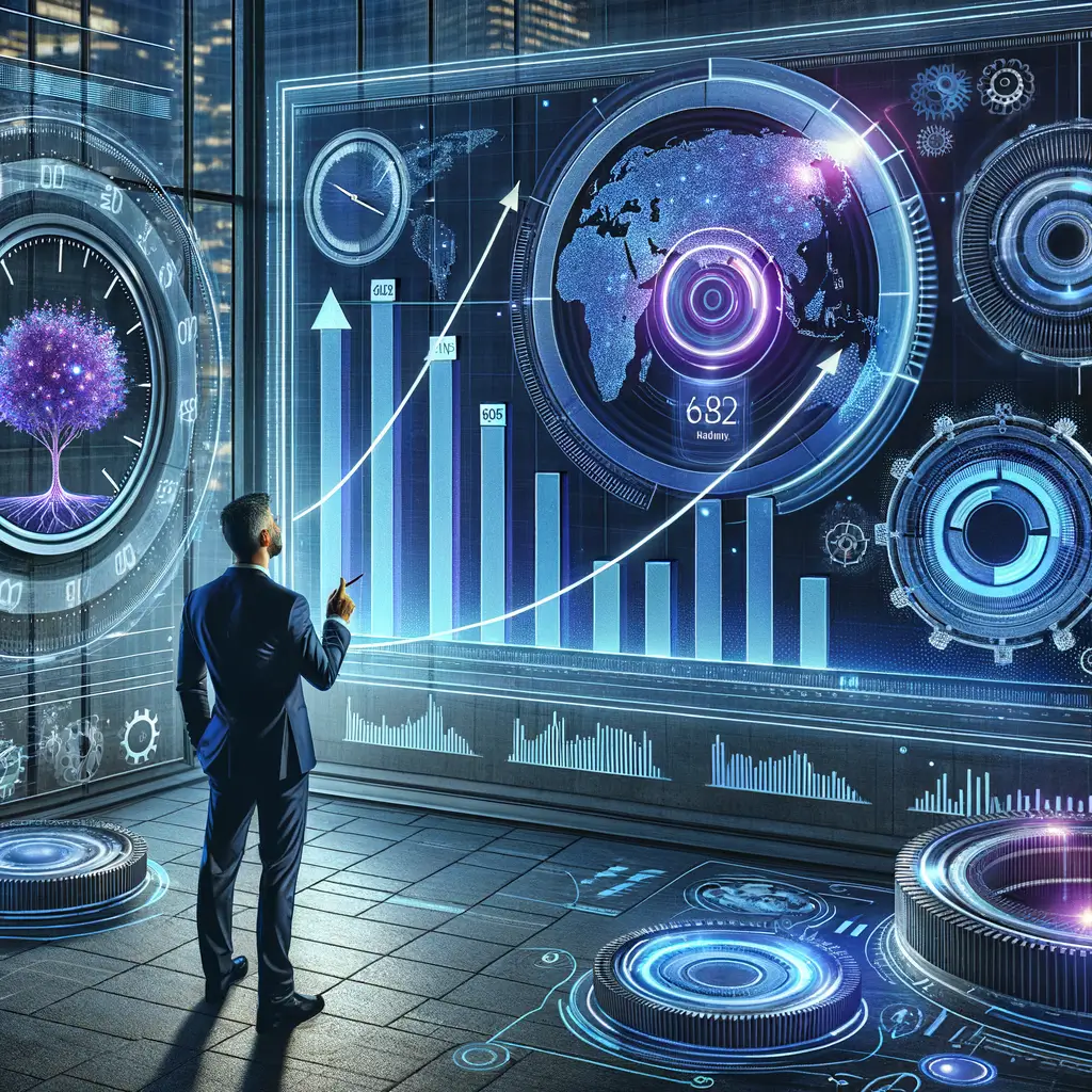 Profissional visualizando dados estratégicos em interface holográfica que destaca ganhos de eficiência e escalabilidade proporcionados pela automação inteligente no marketing.