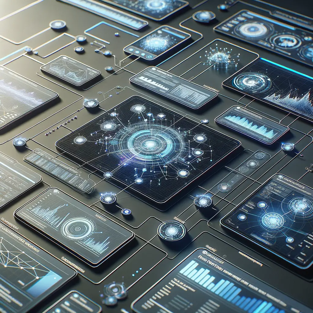 Dashboard digital futurista exibindo fluxos interconectados e métricas de automação, ilustrando a adaptação e monitoramento de processos tecnológicos em empresas.