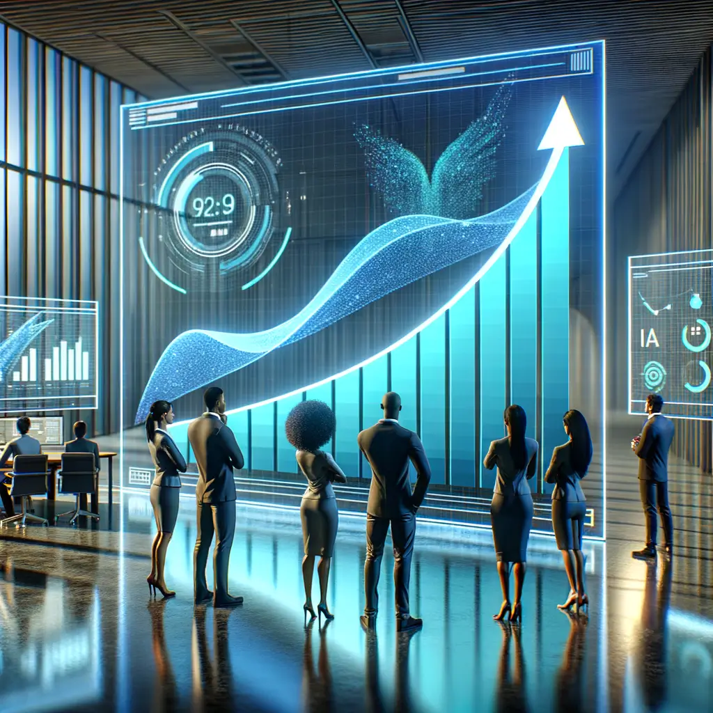 Equipe corporativa observando holograma de curva ascendente que simboliza ganhos de eficiência e escalabilidade, com telas exibindo indicadores de personalização e desempenho, refletindo os benefícios práticos da digitalização com IA e no-code.