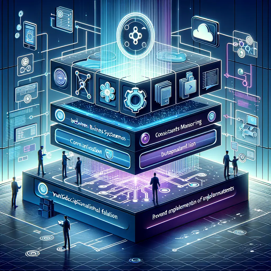 Representação visual do processo de automação com IA integrando sistemas empresariais, destacando o planejamento, monitoramento e colaboração entre equipes para garantir eficiência e evitar erros.