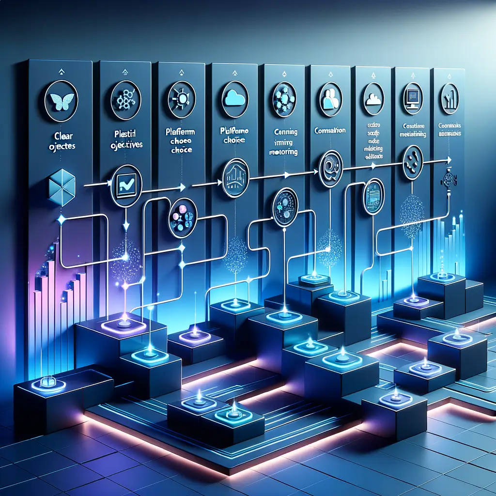 Diagrama visual de um fluxo de integração passo a passo para conectar agentes inteligentes a plataformas low-code e no-code, mostrando planejamento, escolha da plataforma, conexão via APIs e monitoramento contínuo em ambiente corporativo minimalista.