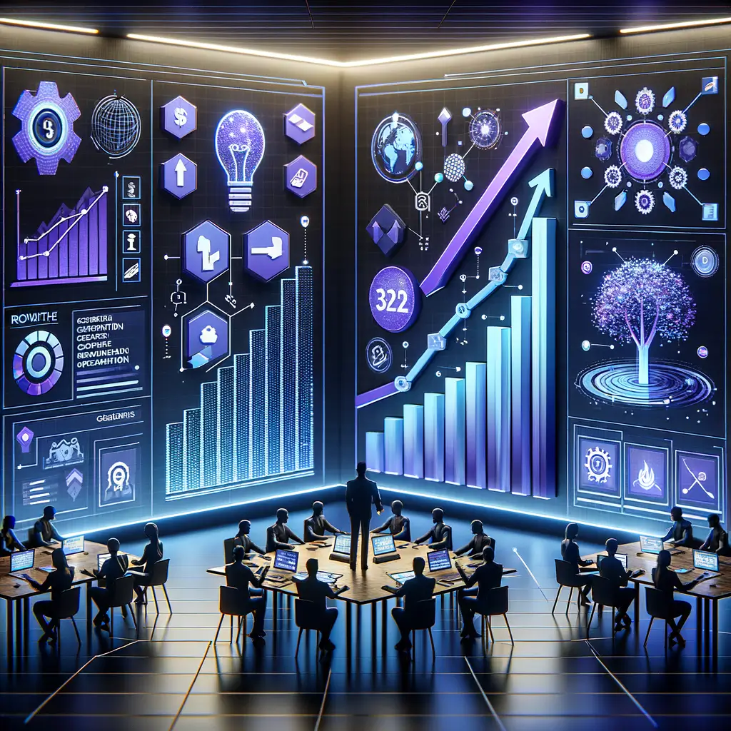 Ilustração que mostra o impacto da integração de agentes inteligentes em equipes corporativas, com colaboração, gráficos de crescimento, automação e processos otimizados em ambiente tecnológico moderno.