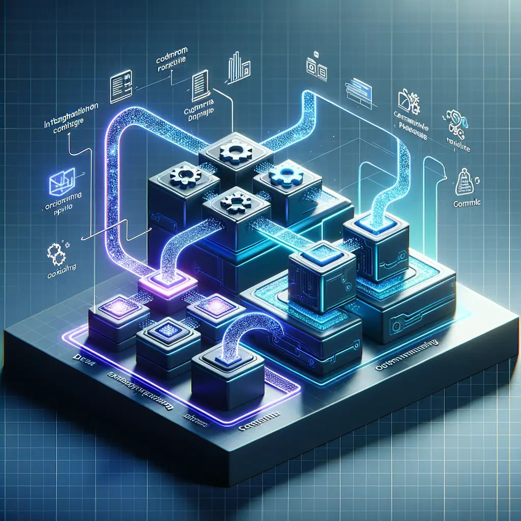 Diagrama de fluxo mostrando entrada de dados, processamento dividido entre automação personalizada com código e plataforma low-code com blocos modulares, e saída integrada, ilustrando os processos e integrações em projetos de automação empresarial.