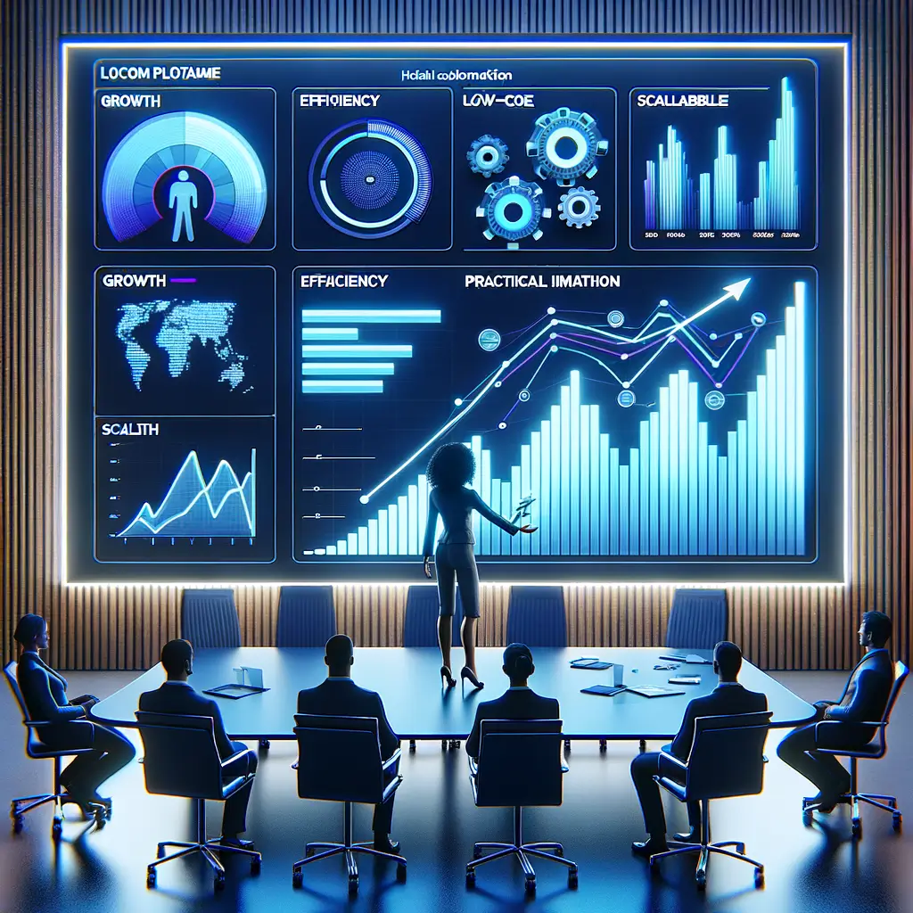 Líder corporativo apresenta painel holográfico com gráficos de eficiência e escalabilidade resultantes da automação personalizada e low-code, enquanto equipe observa, refletindo decisões estratégicas em projetos tecnológicos.