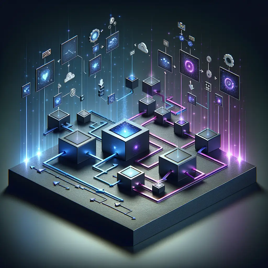 Diagrama tridimensional de fluxos inteligentes em ambiente tecnológico, mostrando blocos conectados por linhas luminosas que representam processos automatizados integrados com decisões de inteligência artificial.