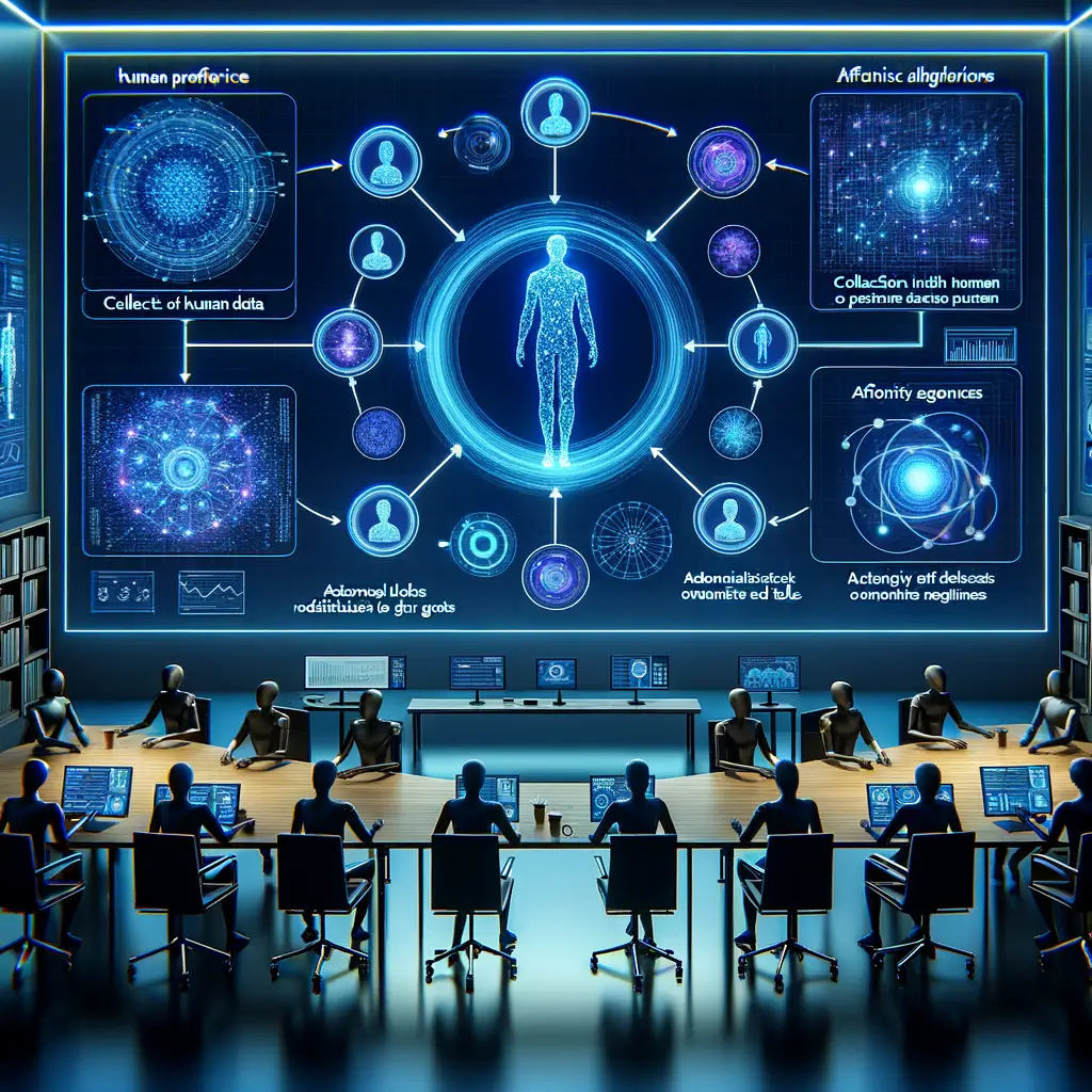 Fluxo de trabalho colaborativo entre humanos e agentes autônomos de IA, mostrando coleta de dados, análise de afinidade e redistribuição automática de tarefas em ambiente digital com iluminação azul e ciano.