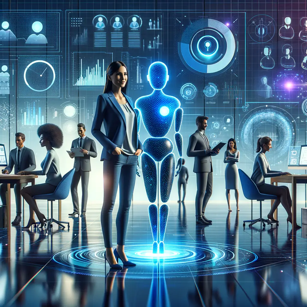 Profissionais trabalhando em harmonia com agentes autônomos de IA representados por hologramas, com gráficos flutuantes que indicam aumento de produtividade e menor desgaste, em ambiente corporativo futurista iluminado em tons azul e roxo.