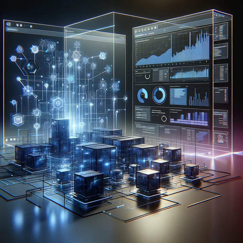 Visualização de arquitetura tecnológica modular com conexões iluminadas e dashboard digital, ilustrando integração e automação em marketing digital para startups.