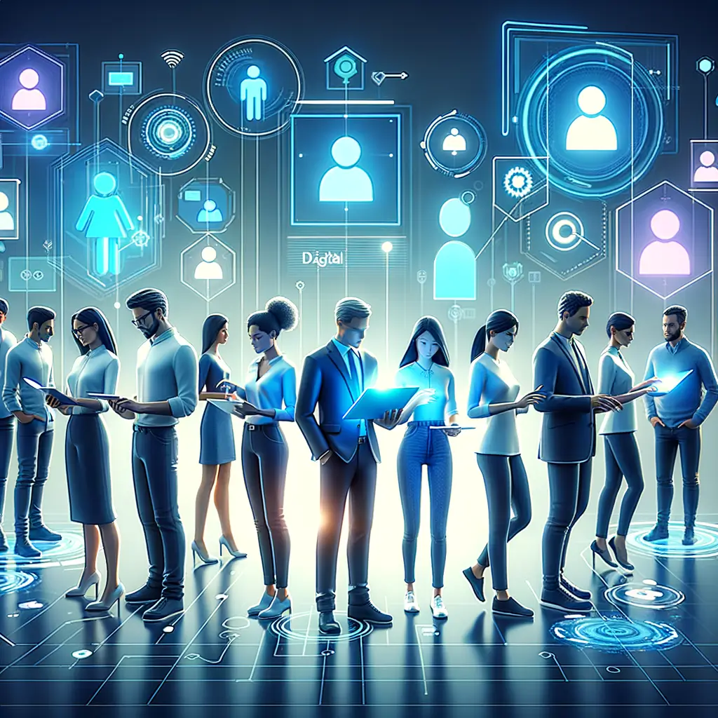 Ilustração de profissionais digitais interagindo com interfaces holográficas e fluxos automatizados, simbolizando colaboração e inovação em estratégias digitais para startups.