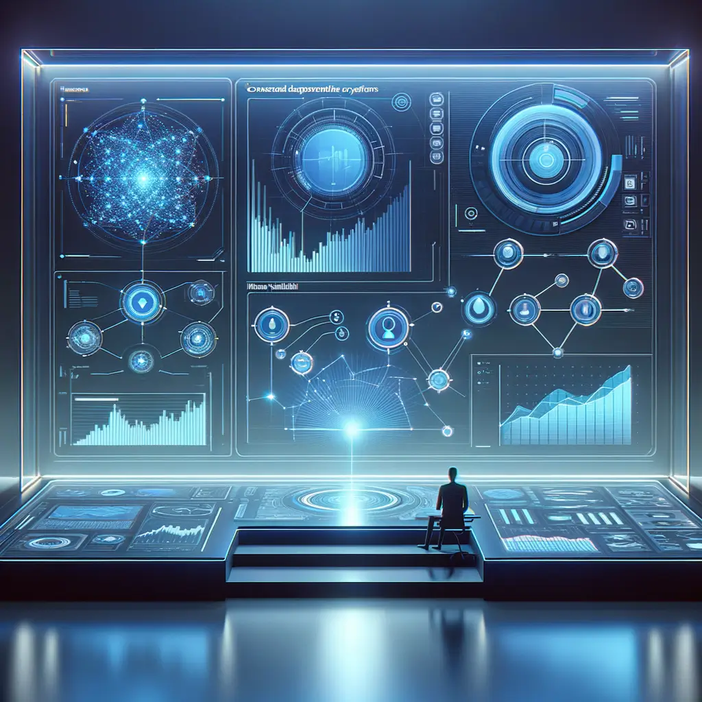 Dashboard digital futurista mostrando fluxos de automação, gráficos dinâmicos e pontos de validação humana em ambiente corporativo tecnológico e sofisticado.