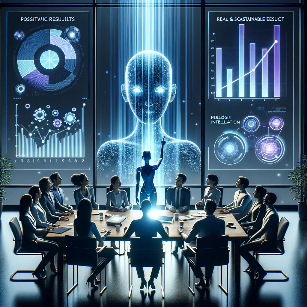 Equipe empresarial celebra ganhos de eficiência e escalabilidade obtidos com agentes inteligentes personalizados, exibidos por holograma interativo que reforça a integração tecnológica alinhada à cultura organizacional.