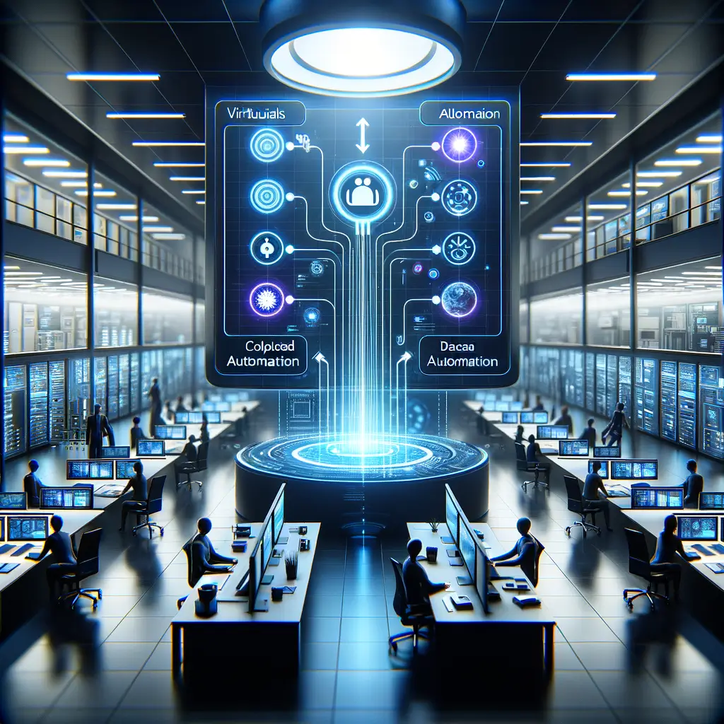 Diagrama visual que representa a integração de tecnologias no escritório inteligente, incluindo automação de fluxos com N8N, armazenamento e análise com Supabase, e assistentes virtuais que coletam e processam dados para antecipar tarefas no ambiente corporativo.