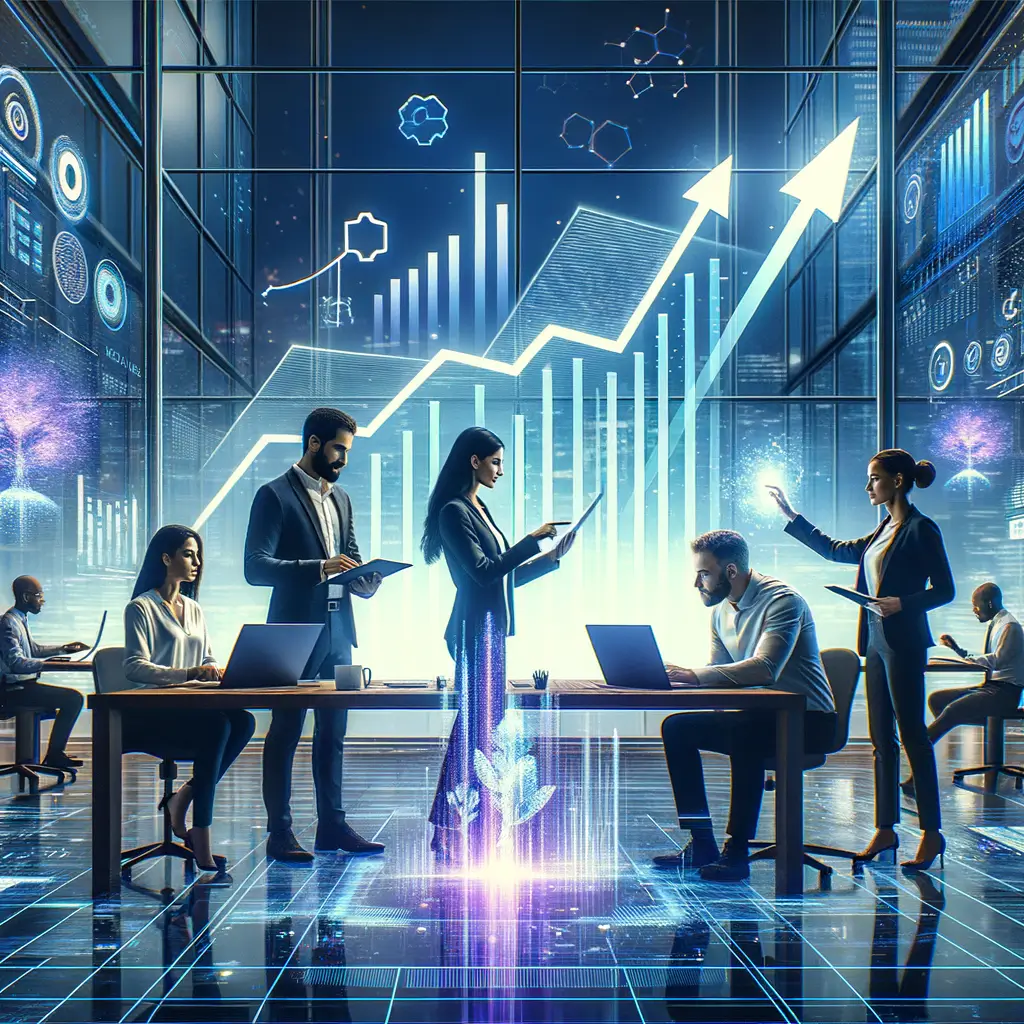 Equipe corporativa trabalhando em ambiente integrado com inteligência artificial, exibindo visualmente o aumento da produtividade e eficiência por meio de gráficos digitais e indicadores que refletem resultados e benefícios da automação inteligente.