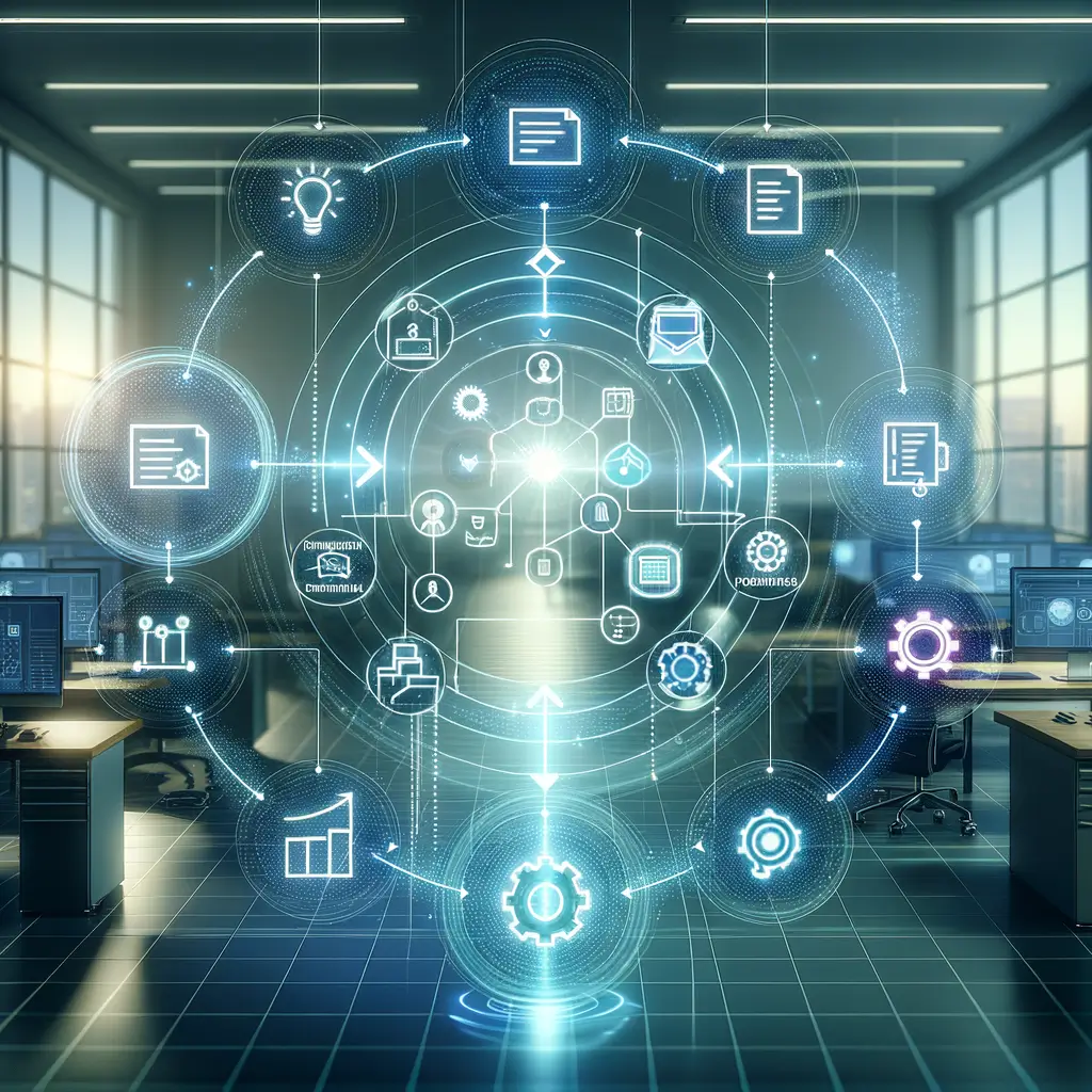 Representação visual de um fluxo de mapeamento e análise de processos empresariais para automação com inteligência artificial, destacando etapas de identificação, avaliação e priorização integradas a ferramentas tecnológicas.