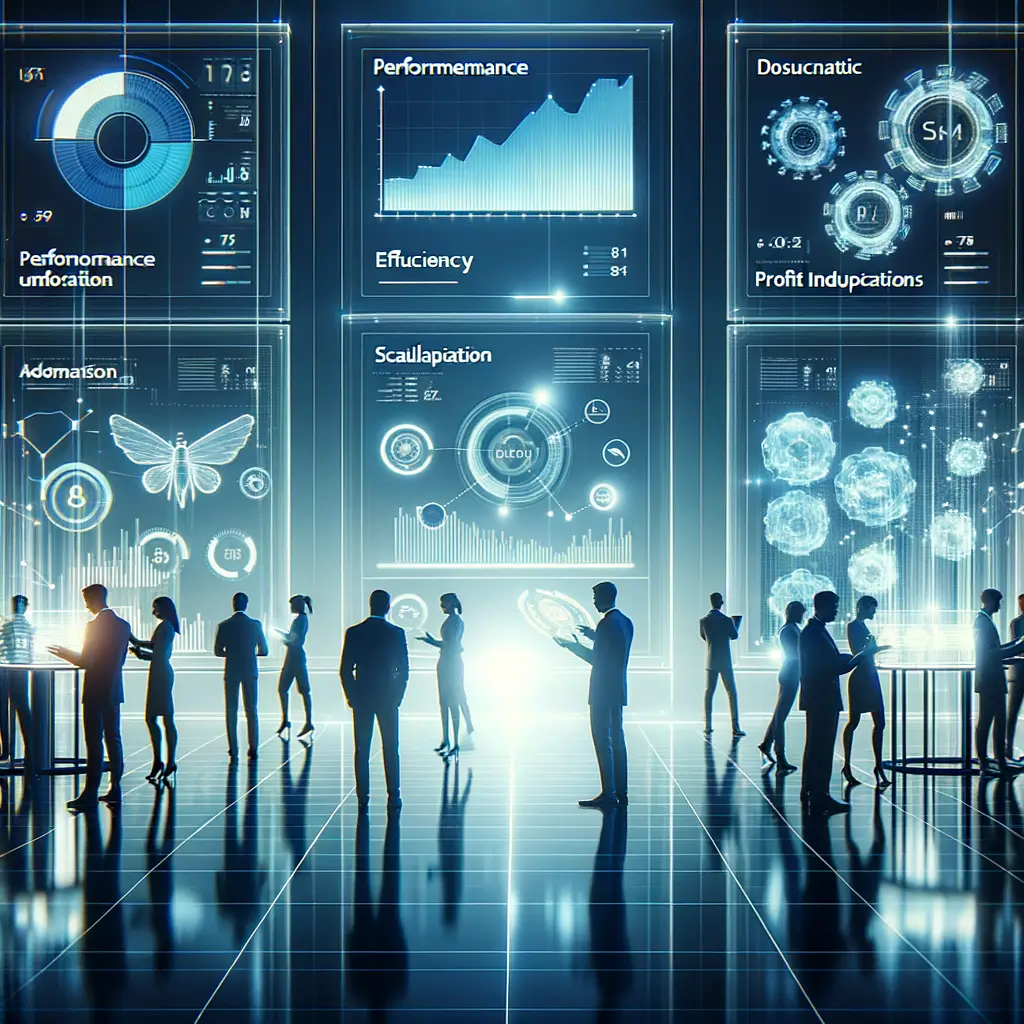 Profissionais em ambiente futurista interagindo com painéis digitais que mostram ganhos de eficiência e adaptação da equipe após automação inteligente, ilustrando impacto prático e escalabilidade empresarial.