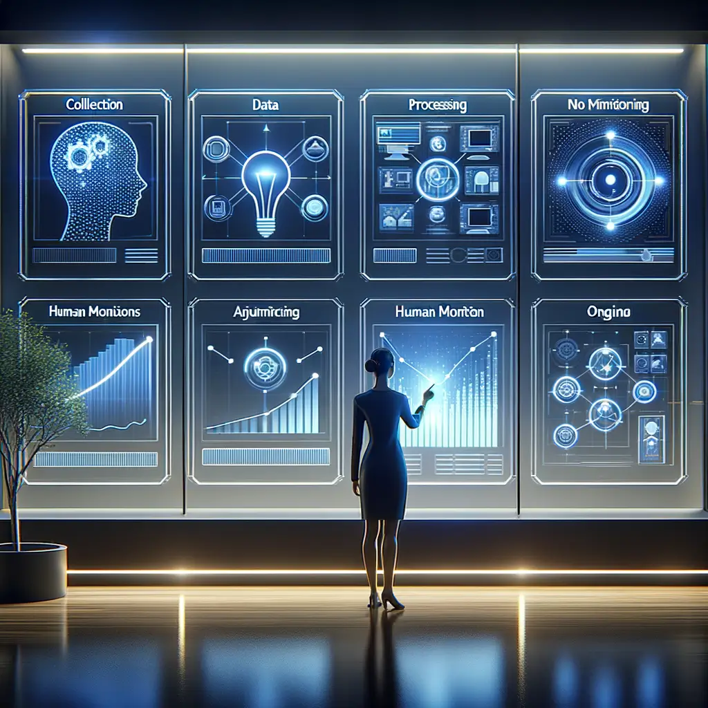 Representação visual do processo de automação com inteligência artificial, mostrando coleta de dados, aprendizado de máquina, monitoramento humano e ajustes para minimizar erros.