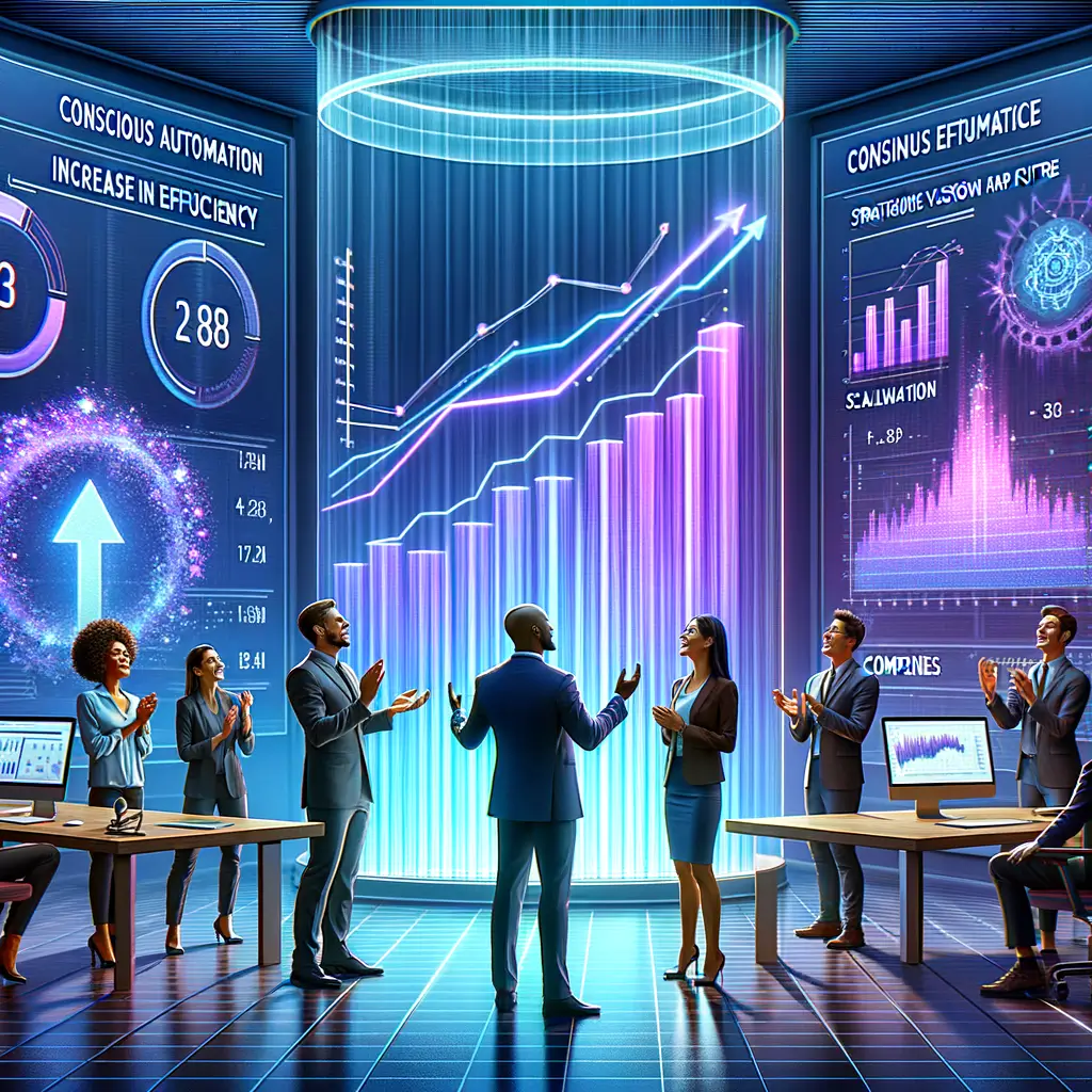 Equipe corporativa comemorando o sucesso da automação com inteligência artificial, com gráficos mostrando aumento de eficiência e escalabilidade tecnológica.