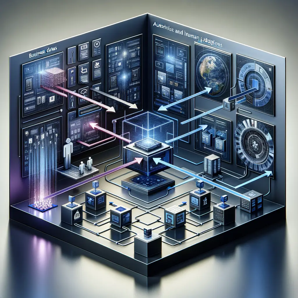 Fluxo de decisão automatizada em empresa onde a inteligência artificial processa dados e define quais decisões são automáticas e quais exigem supervisão humana, ilustrando integração entre tecnologia e gestão.