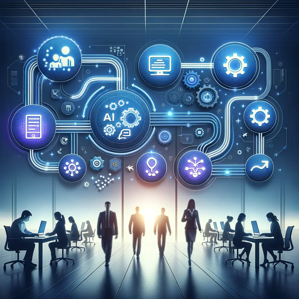 Fluxo visual de automação corporativa mostrando a integração entre inteligência artificial, robótica e equipes humanas colaborando para otimizar processos e produtividade.