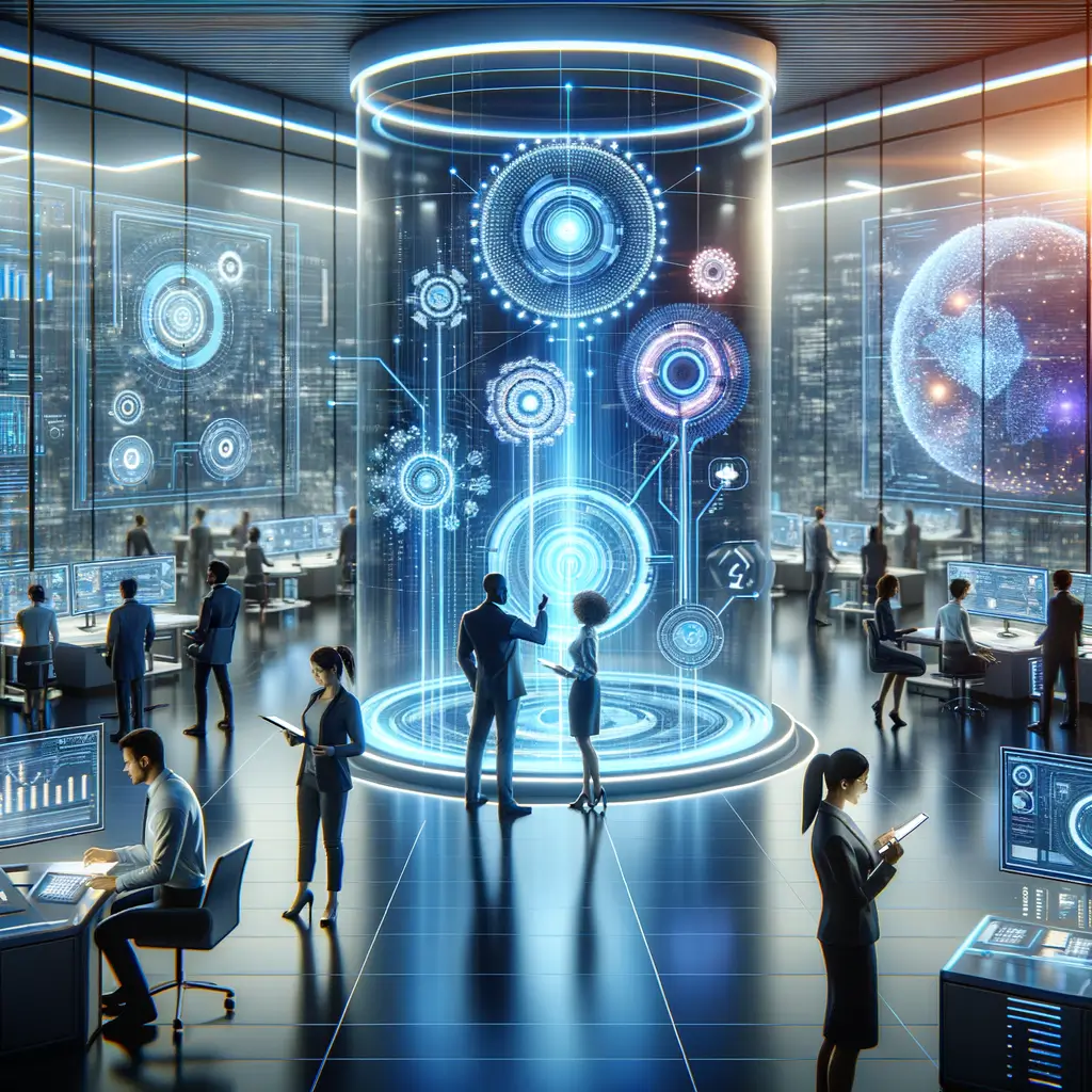 Equipe corporativa colaborando com sistemas automatizados inteligentes em um ambiente futurista, simbolizando o equilíbrio entre automação adaptativa e inteligência humana para eficiência sustentável.