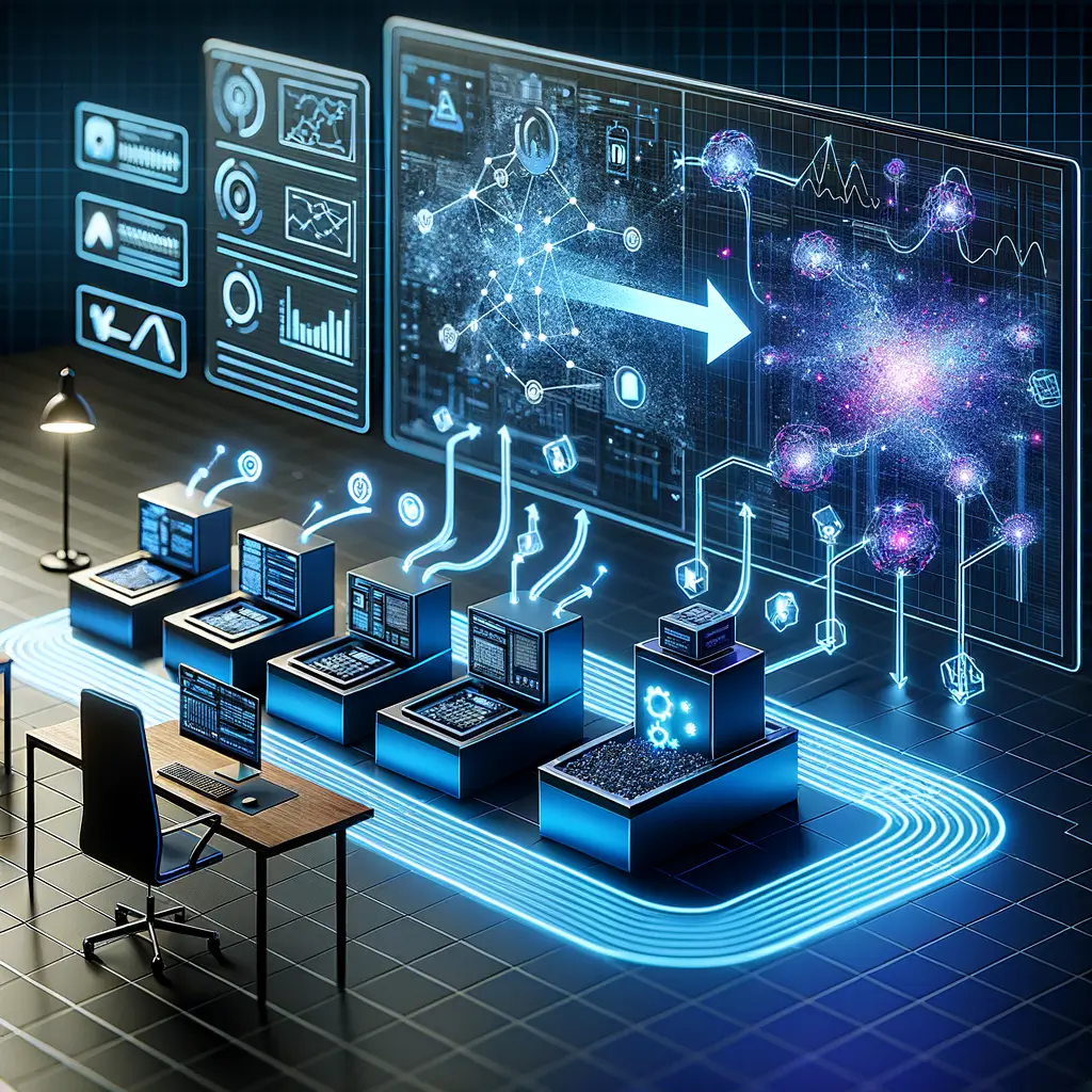 Diagrama visual mostrando a integração entre etapas fixas da automação tradicional e fluxos dinâmicos de inteligência artificial em um ambiente digital corporativo.