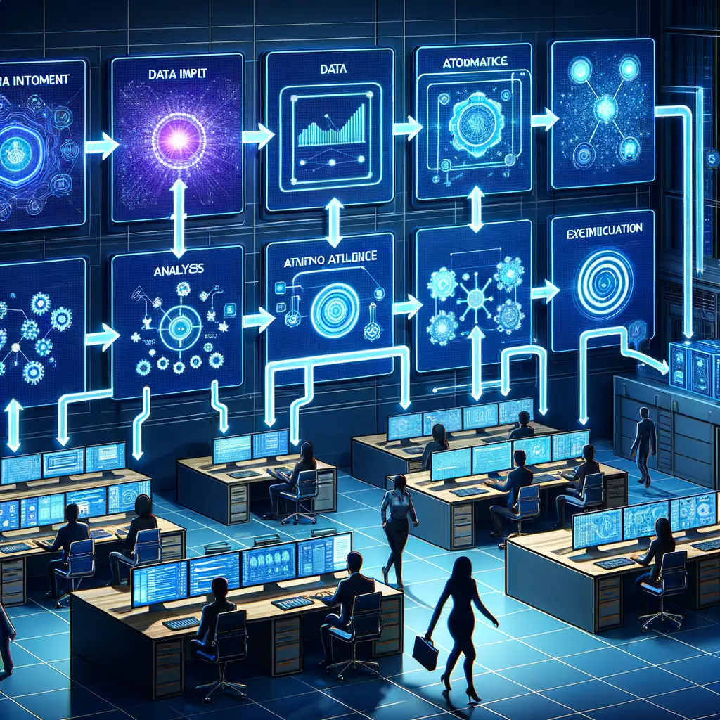 Fluxo visual de automação em um escritório moderno com etapas conectadas desde entrada de dados até execução automatizada, mostrando pessoas monitorando e ajustando processos para garantir eficiência e personalização.