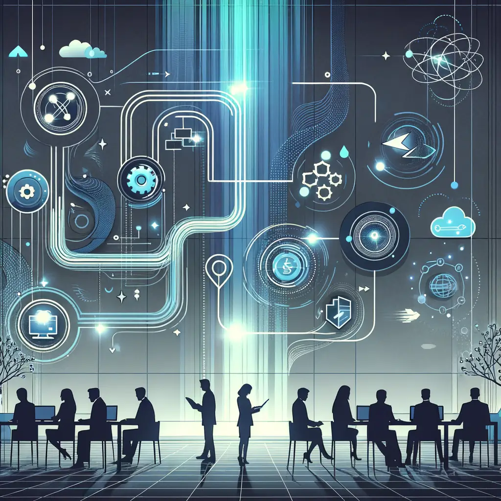 Fluxo visual de automação mostrando integração entre plataformas no-code e low-code, com etapas de captura, processamento e ação, ilustrando a automação de sistemas para startups.