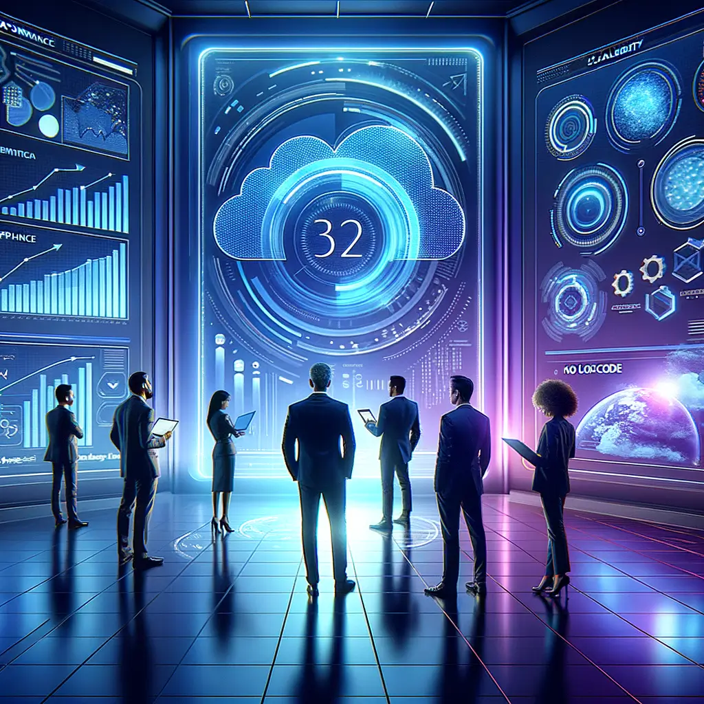 Empreendedores analisam gráficos de crescimento e eficiência em uma tela futurista, representando o impacto prático e a escalabilidade das plataformas no-code e low-code para pequenos negócios.