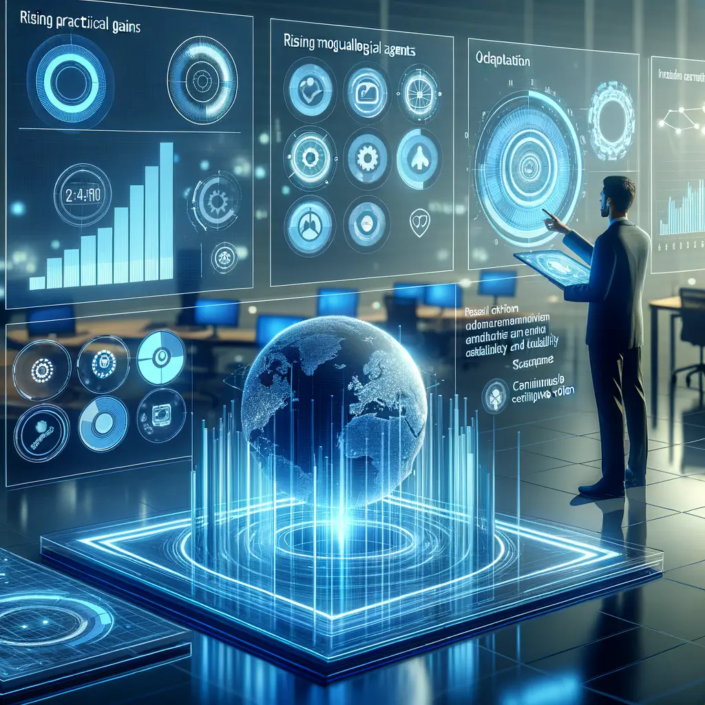 Profissional analisando gráficos digitais de desempenho em interface holográfica, ilustrando os benefícios e resultados práticos da automação inteligente com agentes modulares em processos de startup.