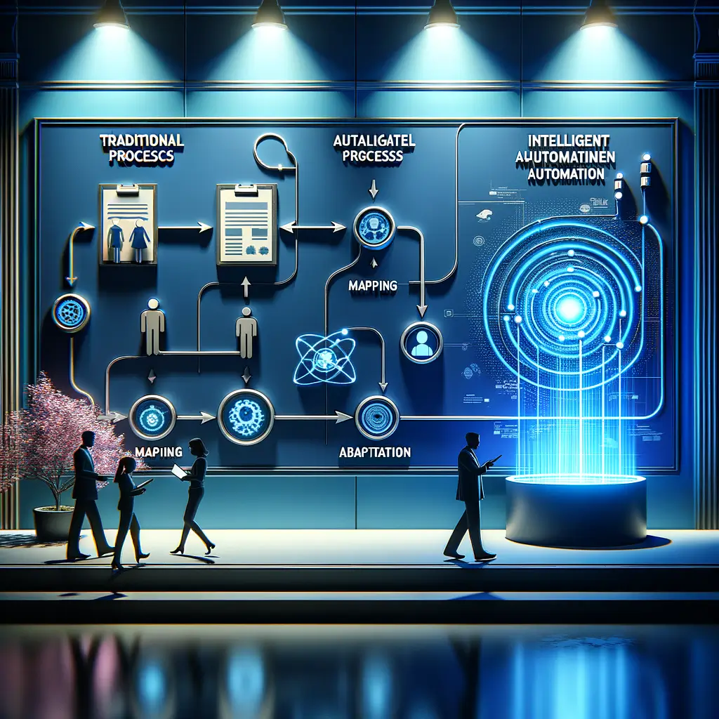 Fluxo visual mostrando a transição de processos manuais para automação inteligente, com interação de equipes e etapas de adaptação, ilustrando a integração gradual da tecnologia na cultura organizacional.
