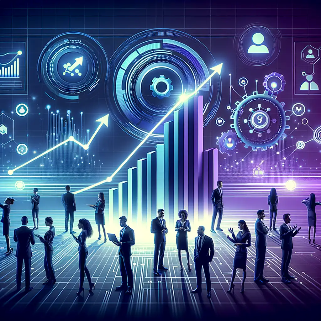 Equipe corporativa celebrando ao lado de gráfico holográfico que representa ganhos de eficiência e satisfação decorrentes da automação inteligente, simbolizando o impacto positivo na cultura organizacional e desempenho empresarial.