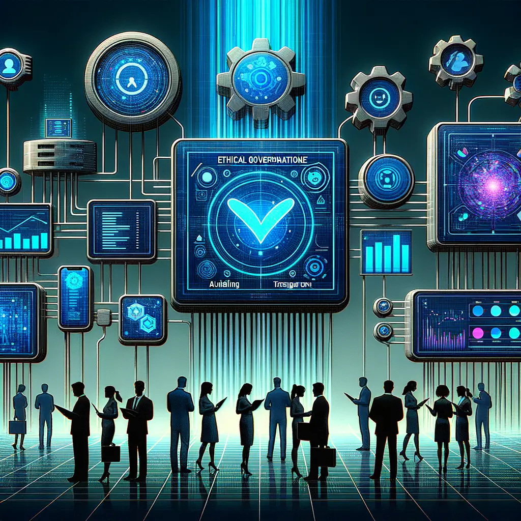 Fluxo de dados e decisões automatizadas em um ambiente corporativo digital, com uma equipe multidisciplinar monitorando e ajustando um sistema de inteligência artificial para garantir ética e transparência nas decisões.