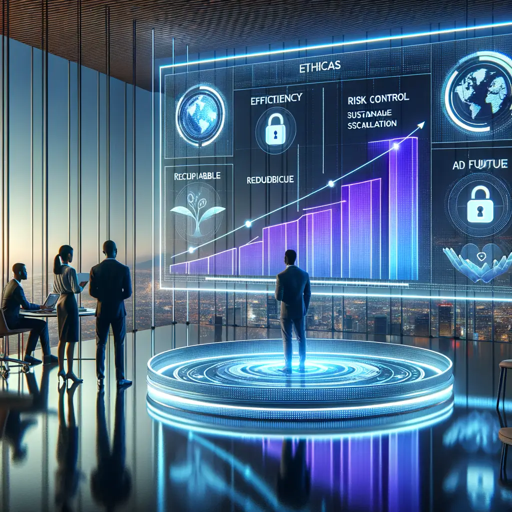 Equipe corporativa analisando gráficos holográficos que mostram ganhos de eficiência e controle ético na automação, simbolizando os impactos positivos e sustentáveis da governança em IA.
