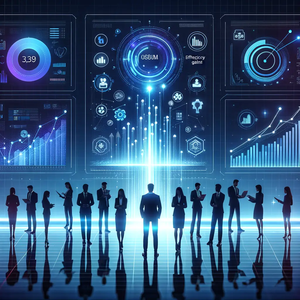 Profissionais observando uma tela holográfica com gráficos de crescimento e conexões que representam ganho de eficiência e escalabilidade por meio da automação inteligente em negócios digitais.