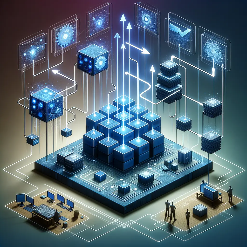 Fluxo ilustrado de integração modular mostrando sistemas conectados por linhas energizadas, com uma equipe ajustando processos para automatizar tarefas manuais em uma startup, destacando o mapeamento e a colaboração entre tecnologia e negócios.