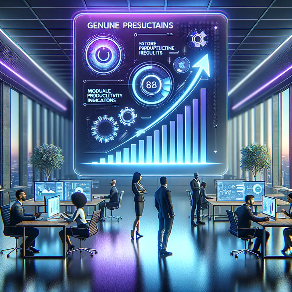 Profissionais em escritório moderno interagem com painéis holográficos que mostram crescimento e produtividade aumentada, representando os ganhos práticos e a escalabilidade obtidos com integrações modulares em uma startup.
