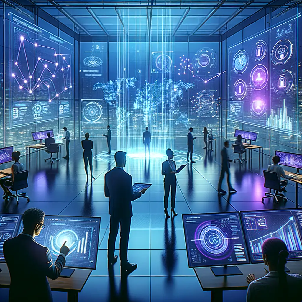 Equipe corporativa utilizando painéis digitais e holográficos para monitorar e ajustar sistemas automatizados, ilustrando o impacto prático e estratégico da automação humanizada no ambiente empresarial.