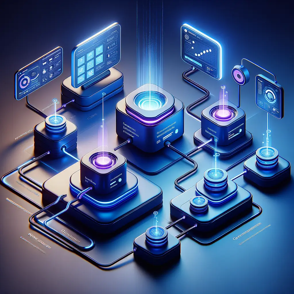 Diagrama visual mostrando o fluxo integrado de automação empresarial com módulos conectados e ferramentas flexíveis para superar falhas, representando processos de tecnologia alinhados a negócios.