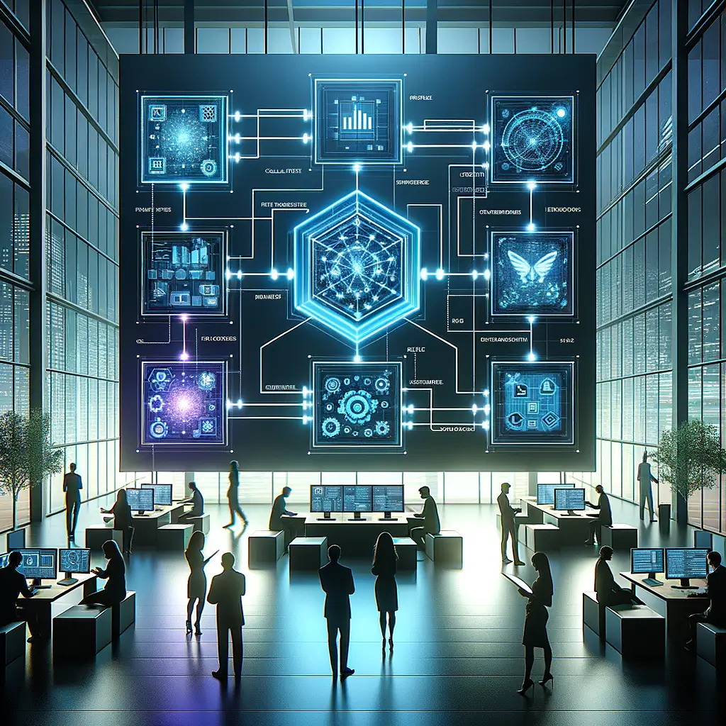 Diagrama iluminado em azul e ciano mostrando integração modular entre ferramentas como N8N e Supabase para automação de processos repetitivos em startups, com profissionais interagindo com a interface.